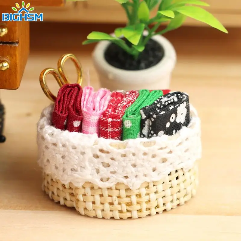 1/12 Dollhouse Miniature Accessories Mini Sewing Tools Basket Simulation Scissors Cloth Ruler For Miniature Scene Decoration