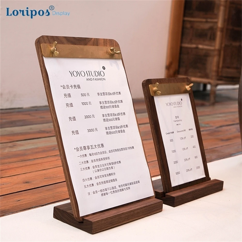 Creative Walnut Menu A4 Bill Folder Writing Pad Board Shop Bar Brass Clip Restaurant  Menu Holder Stand Wooden Base