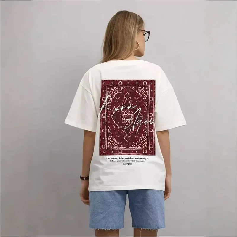 PopInteresting Small Feeling Retro Heavy Work Printed Oversize Top Women's Crew Neck Cotton T-shirt Versatile Fun Design
