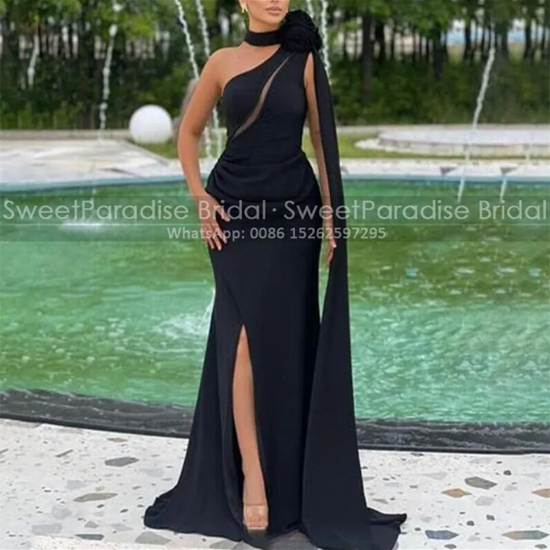 

One Shoulder Mermaid Evening Dress Long Side Split Plus Size Women Sleeveless Customized Black Trumpet Prom Dresses Party