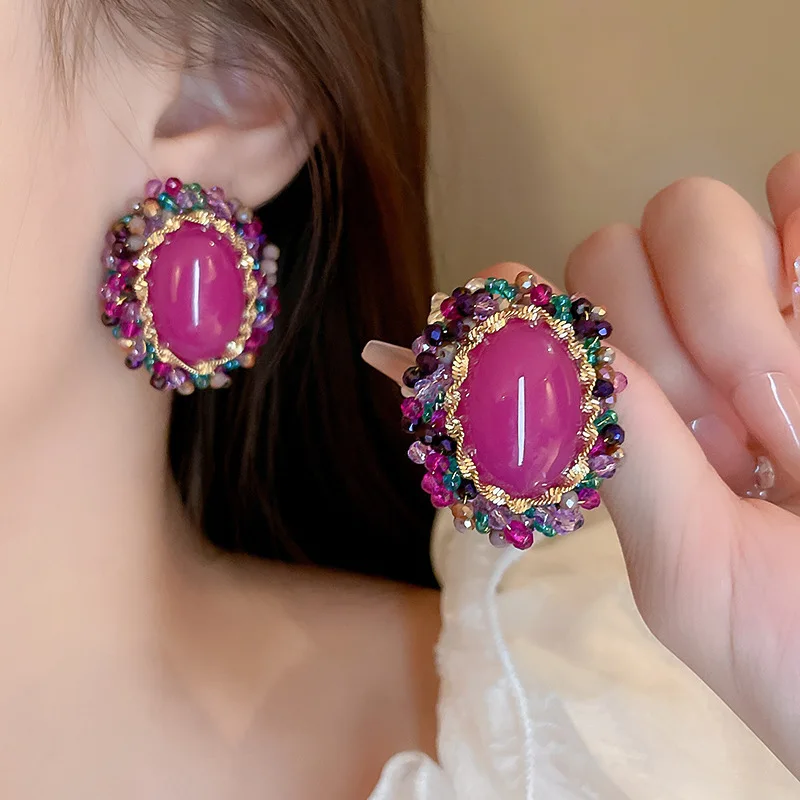 

Ajojewel Luxury Red Oval Stone Stud Earrings For Women With Colorful Crystal Beads Literary Retro Jewelry