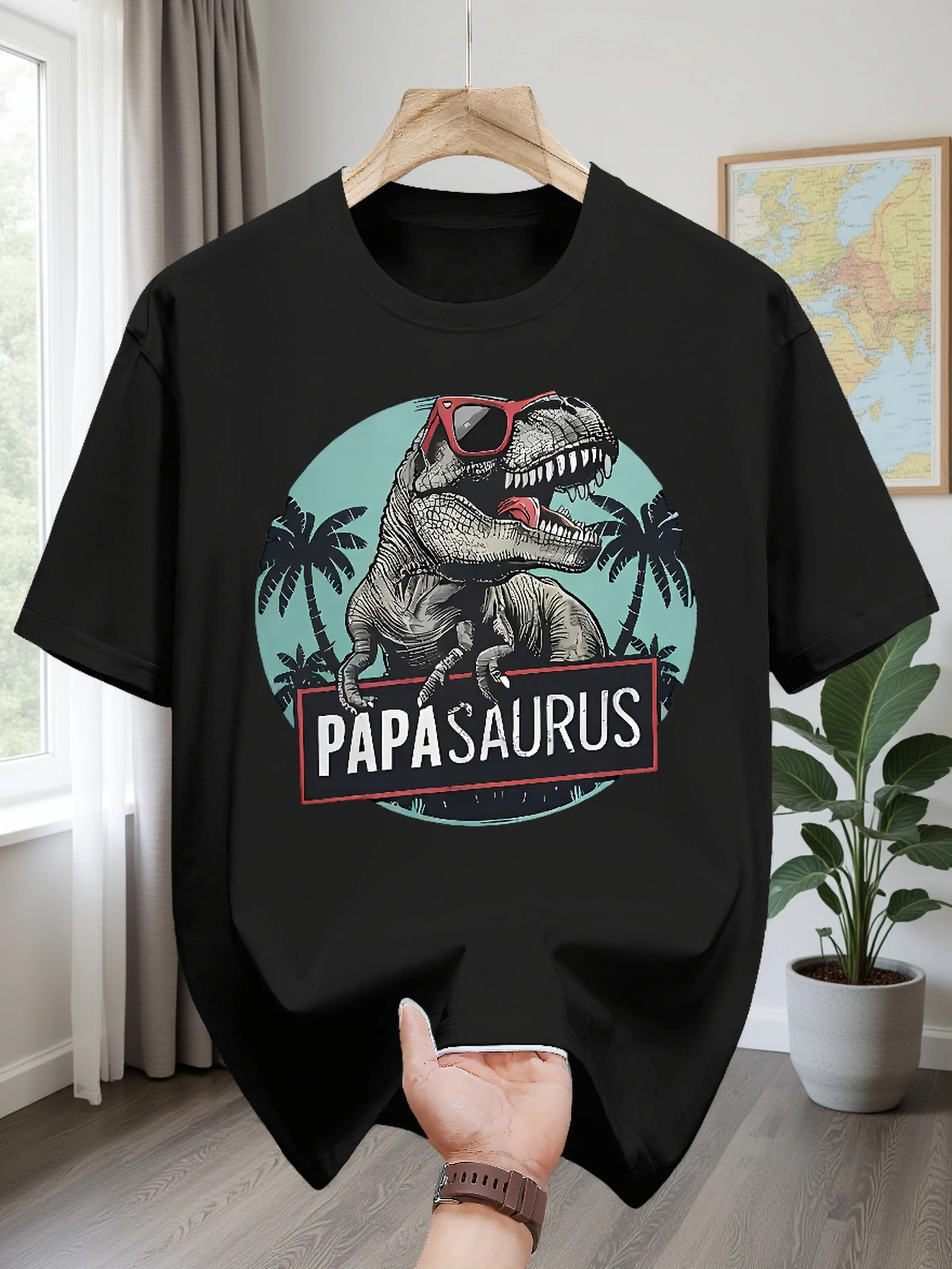 Cool Papasaurus T-Rex with Sunglasses and Palm Trees Print on Premium Soft 100% Cotton Men T Shirt Perfect Summer Casual Style