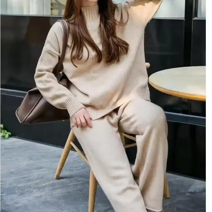 Women Two Piece Pant Knit Sweaters Full Sleeve Half High Collar Pullover Wide Leg Pants Jumpers Suit Casual Solid Thick