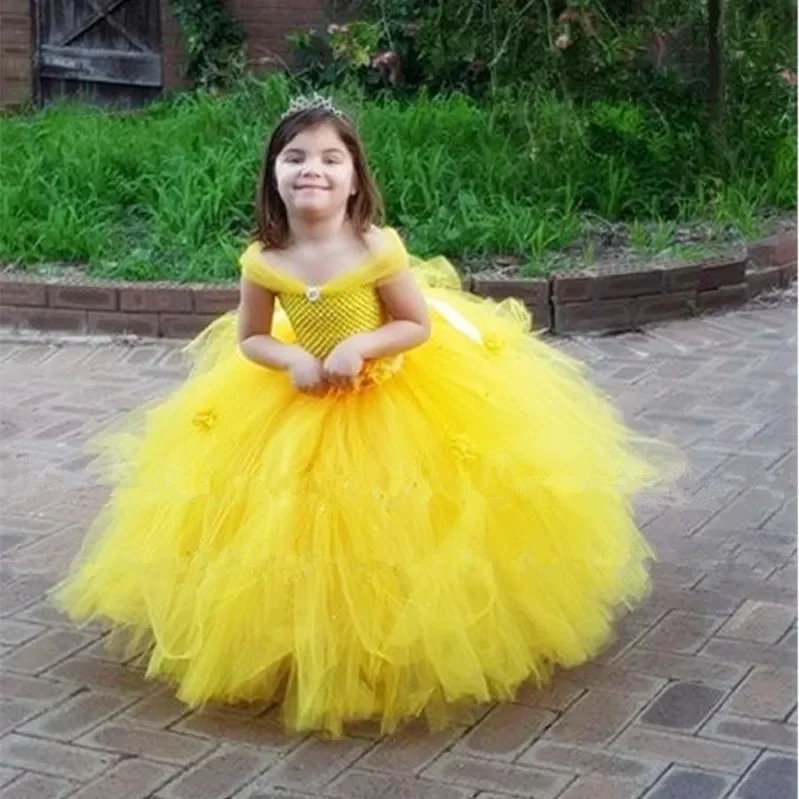 Belle Princess Baby Girls Dress Yellow Kids Baby Christmas Halloween Costumes Beauty Beast Cosplay Dress Flowers Girls Ball Gown