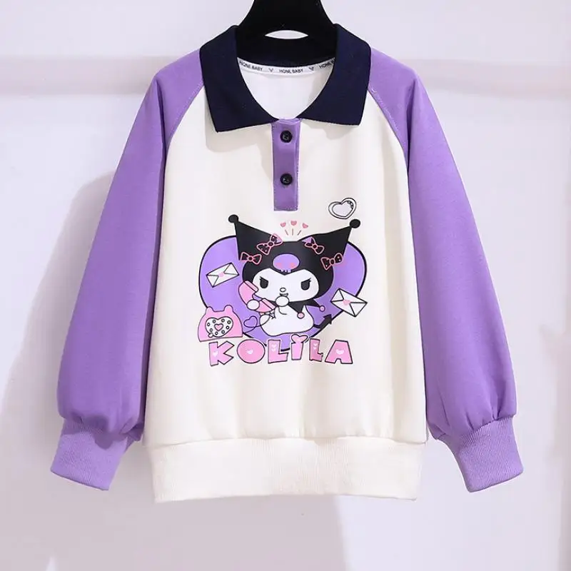 Sanrio Kuromi Kawaii Kids Printing 2Pcs Cute Leisure Loose Sweatpants Cartoon Sweet Comfortable Soft Sportswear Anime Girl Gift