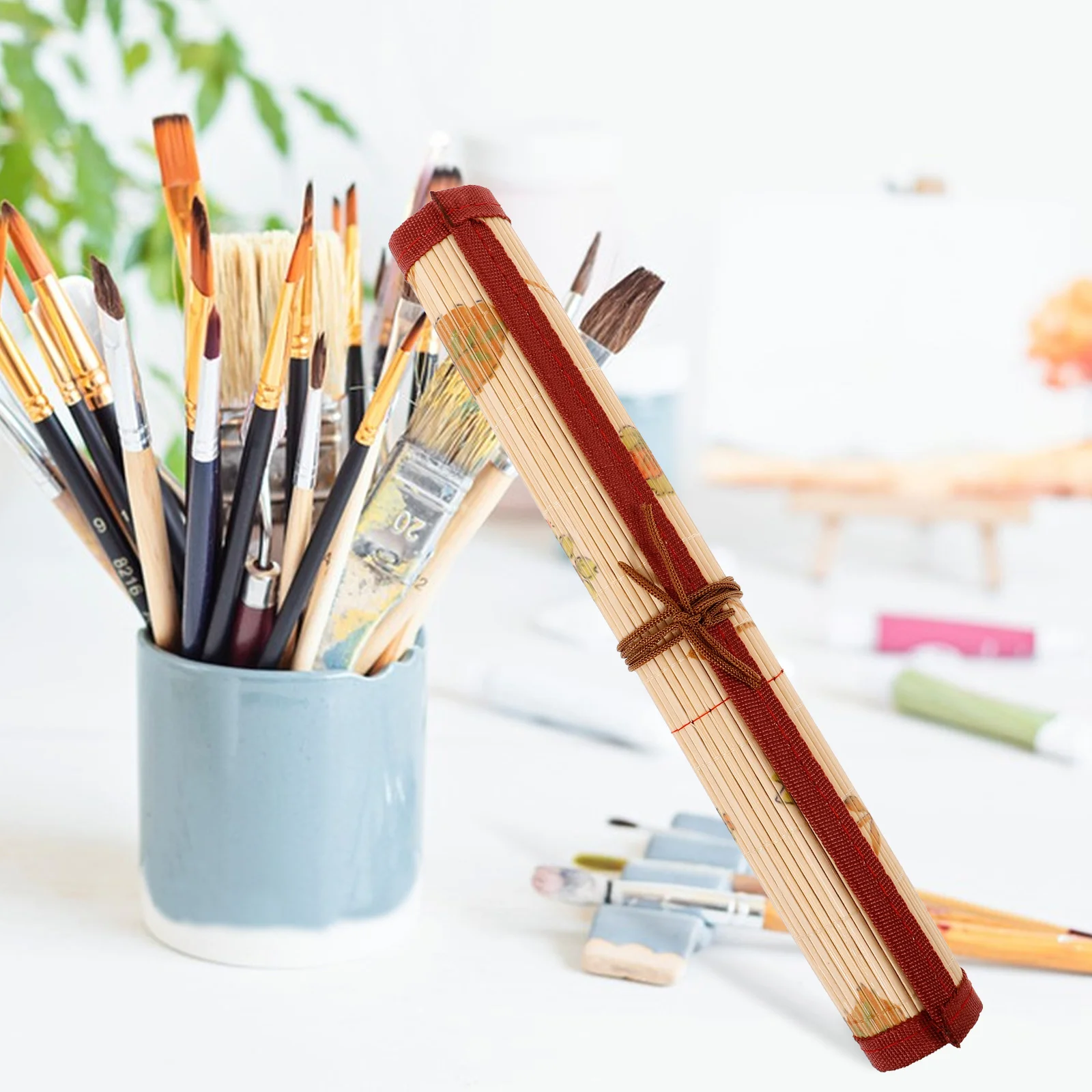 Bamboo Brush Curtain Pencil Holder Supplies Bag Pens Storage Pouch Drawing Pencils Wrap Stationery Student