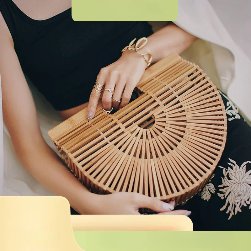 Handmade Bamboo Woven Bag Clutches Semi-circular Vacation Outdoor Beach Bag European American Fashionable Women's Handbag