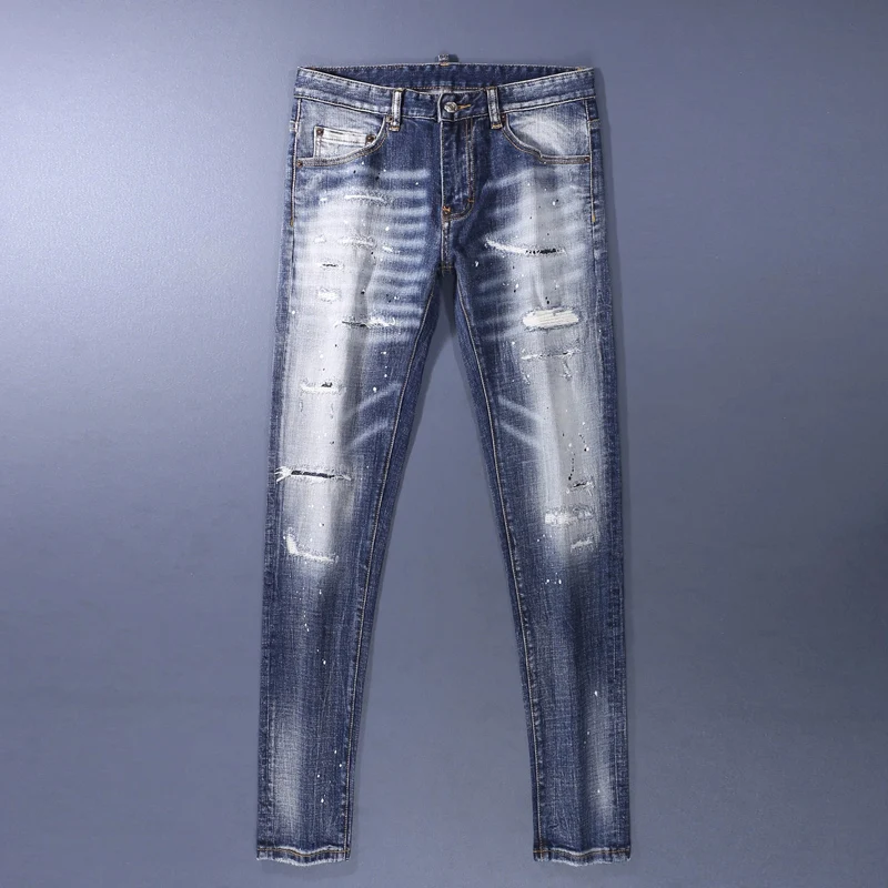 

High Street Designer Модные мужские джинсы Ретро Синие эластичные облегающие рваные джинсы с окраской Мужские брендовые винтажные джинсовые брюки в стиле хип-хоп