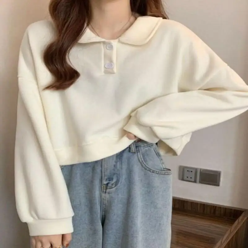 

Женская корейская версия: Новая хлопковая толстовка с воротником-поло, осенняя повседневная одежда, модный свободный укороченный крой, стильный дизайн.