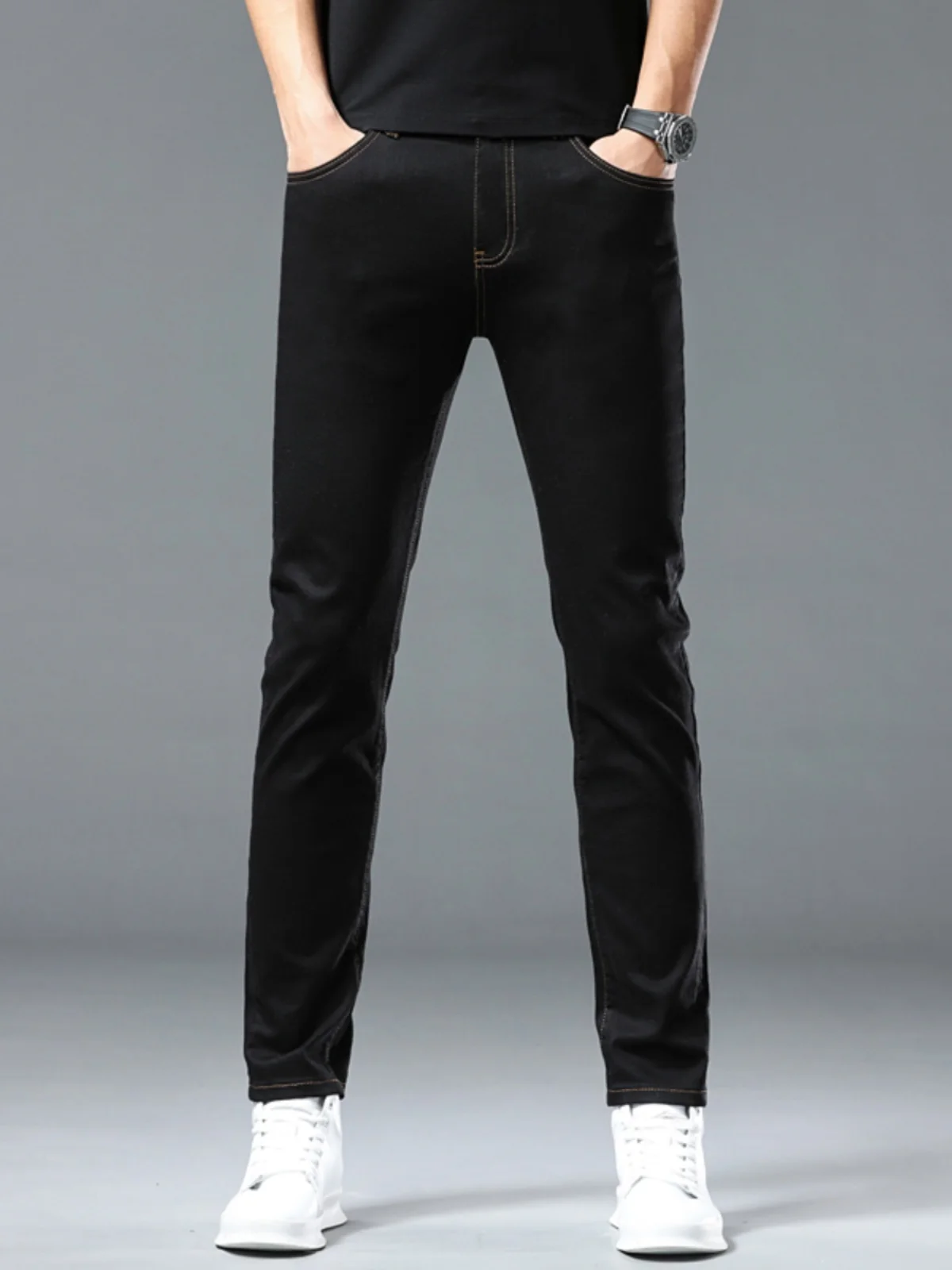 

Эластичные мужские джинсы Slim Fit: новинка весна-лето, повседневные, черные, с зауженными штанинами, свободные, длинные, из хлопкового эластичного денима
