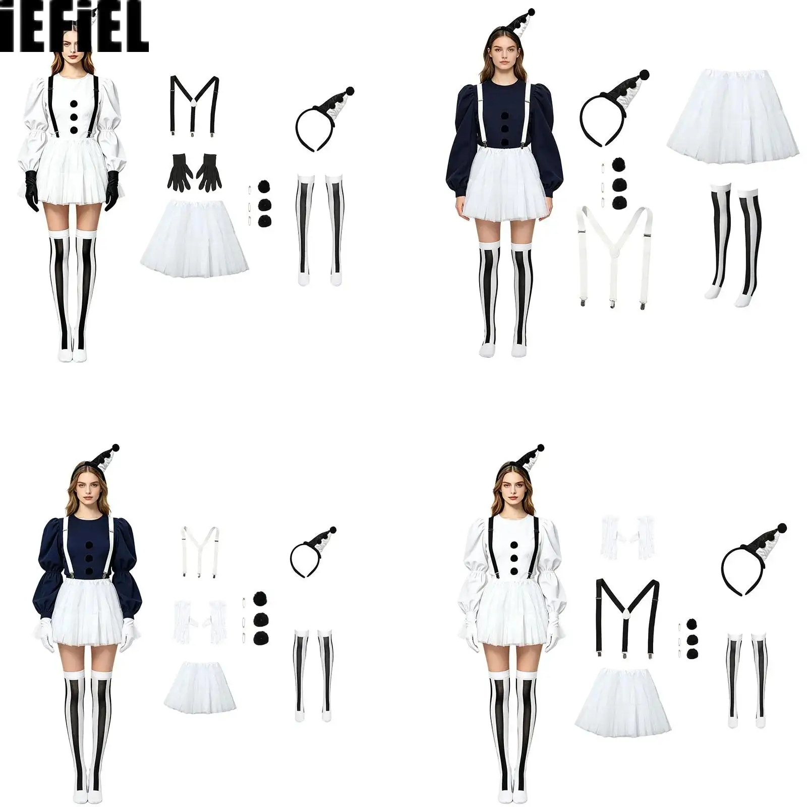 Halloween Women Clown Cosplay Sets Elastic Waistband Tulle Skirt with Suspenders Gloves Stockings Headband Pom-poms