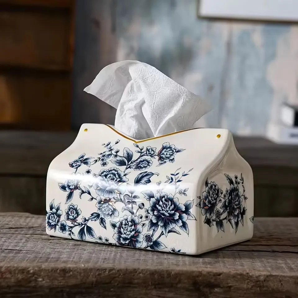 

Ceramic Tissue Box Blue and White Porcelain Pattern Tissue Box Holder Napkin Holder Desktop Storage Container Home Decoration
