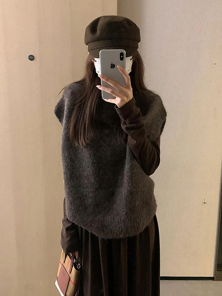 

Женский вязаный жилет с высоким воротником, свободного кроя, модная верхняя одежда, свитер с подплечниками, топ-майка в корейском стиле, повседневный.