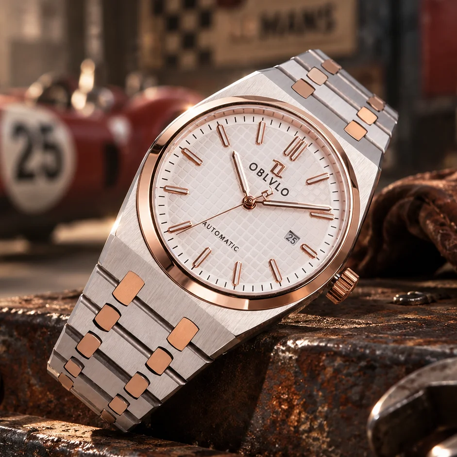 OBLVLO Luxury Mens Two Tone Stainless Steel Automatic Watch with Date 41mm Luminous Waterproof Mechanical Business Watch TM-SIM