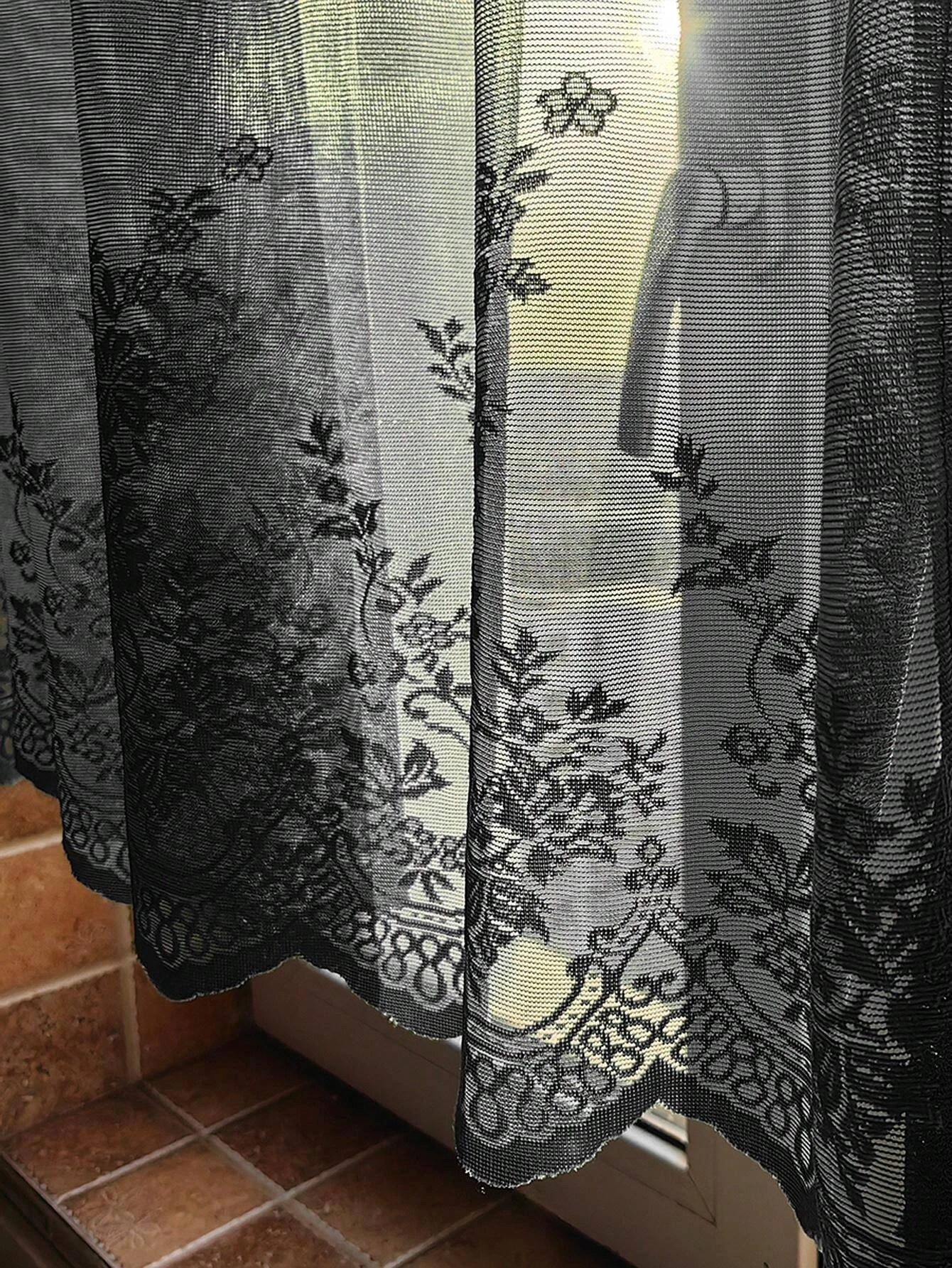 1pc Black Floral Lace Cafe Curtain, Rod Pocket Short Sheer Window Valance Curtain with Scalloped Edge for Kitchen Small Window