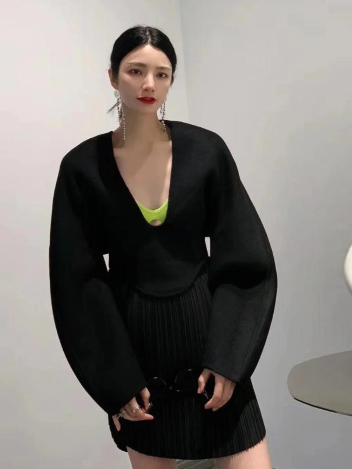 Felpa ort Batwing Sve Maglieria da donna con bordi in lana V-Ne Commute Sle Fibra di poliestere Lunga Sve Colore puro