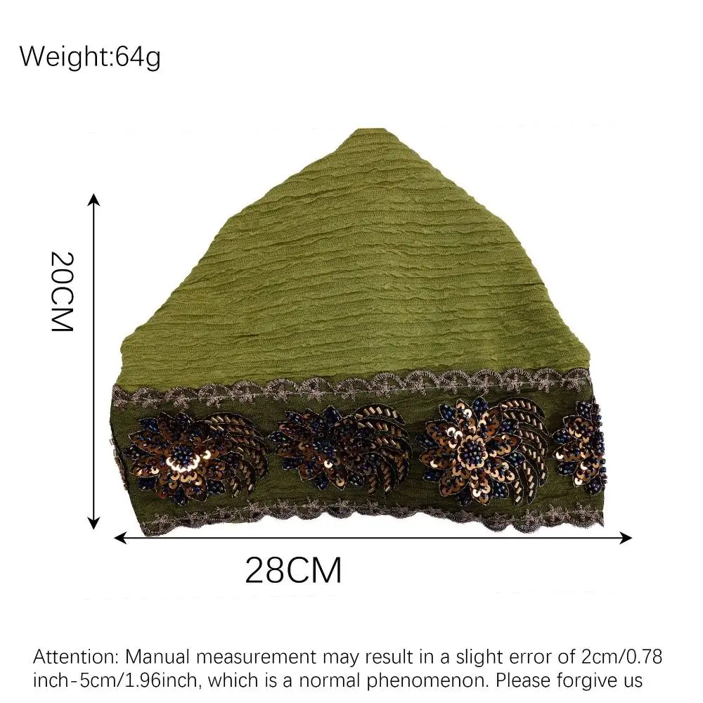 New Beaded Sequin Brimless Turban Cap Lace Trim Floral Embroidery Hair Wrap Bonnet Breathable High Top Head Cover Hat Daily