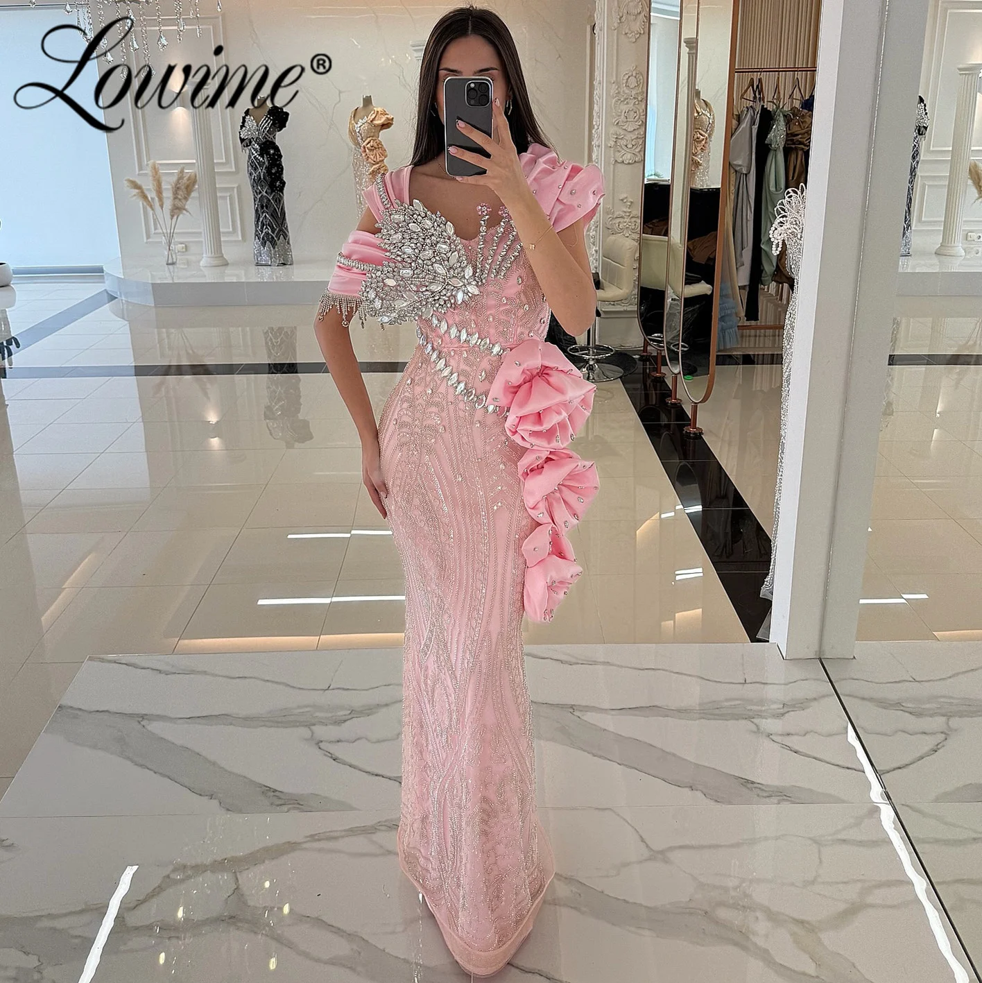 

2026 Pinik Mermaid Party Dress Customized Flowers Arabic Evening Gowns Rhinestone Crystals Prom Dresses Long Robes De Soirée