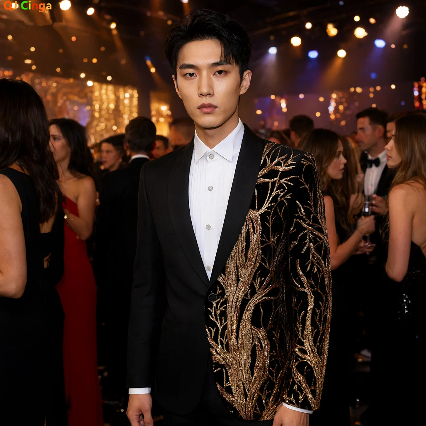 2027 New Men's Long-Sleeve Black Blazer, A Formal Jacket Embellished with Gold Circular Sequins.