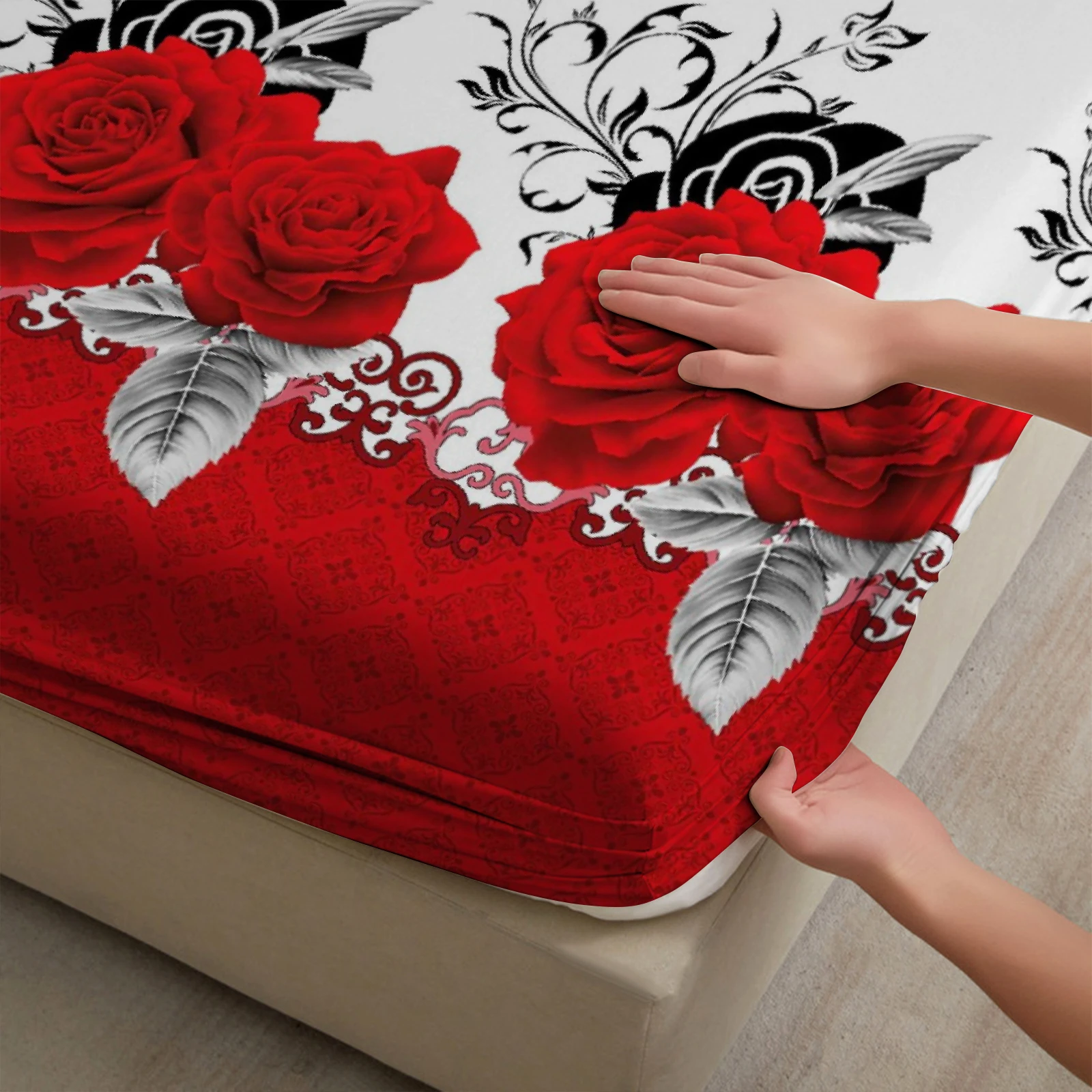 1pc Romantic Red Rose Flower Printed Fitted Bedspread Deep Pocket Elastic Mattress Cover Single Double Queen King Bedroom Decor