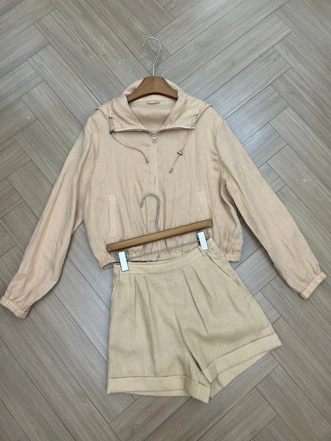 

Lp* Fashion New Flax Zipper Hooded Jacket Jacket Jacket Solid Color Drawstring Elastic Waist Shorts Casual Suit