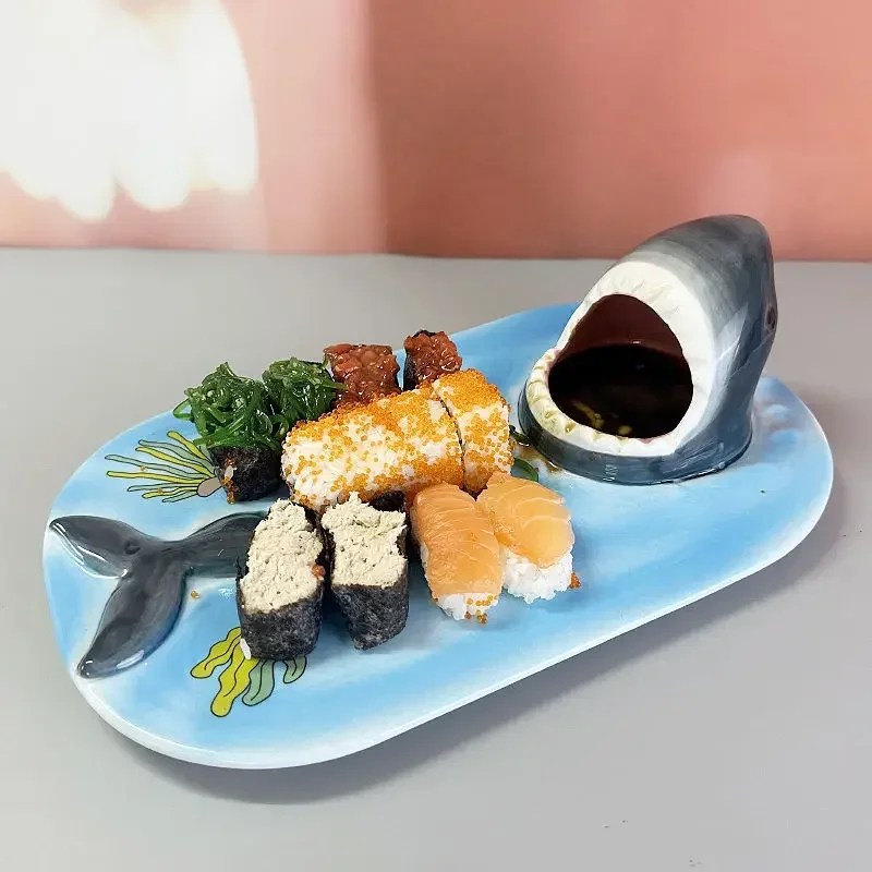 Tableware artifact creative funny shark plate Japanese style Japanese sushi rectangular ceramic plate with dipping sauce
