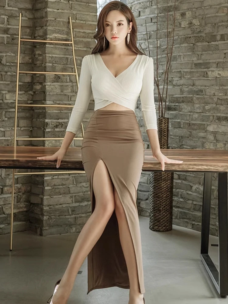 Mode schickes Maxi kleid Frauen weiß Khaki Kontrast hohl hoch geteilt lange Robe Femme Street Party Vestidos Strand Urlaub Kleidung