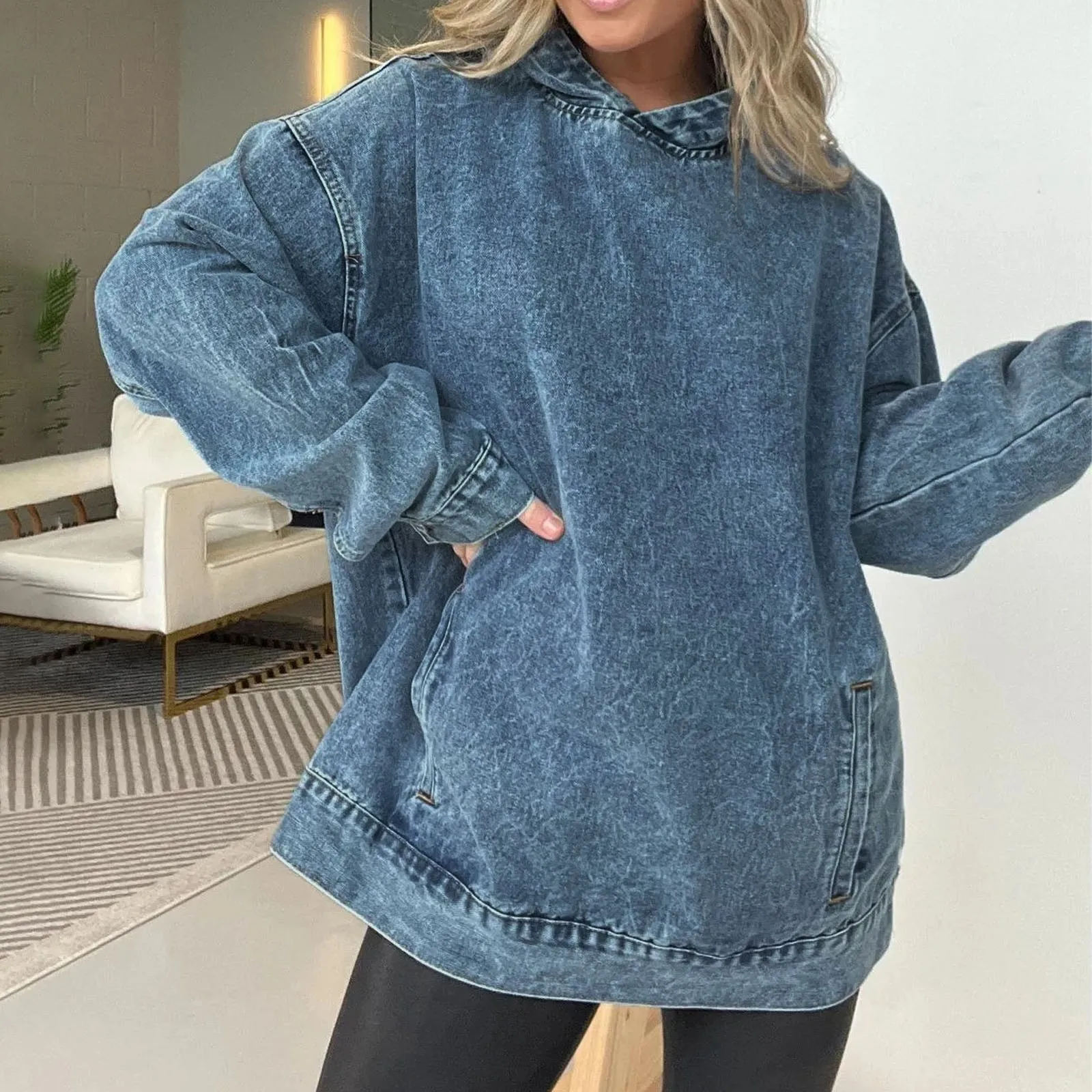 Retro Washed Denim Hoodies Blue Oversized Jeans Hoodie Solid Color Long Sleeve Vintage Distressed Sweatshirt