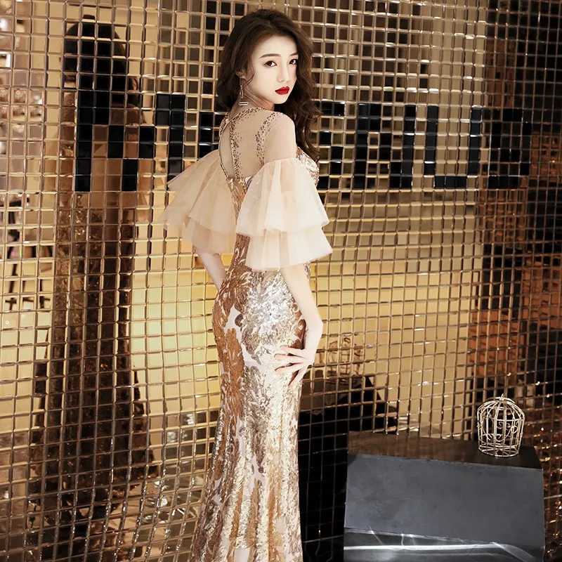 High Quality |Gold High Order New Banquet Atmosphere Fishtail Host Long Women Dress