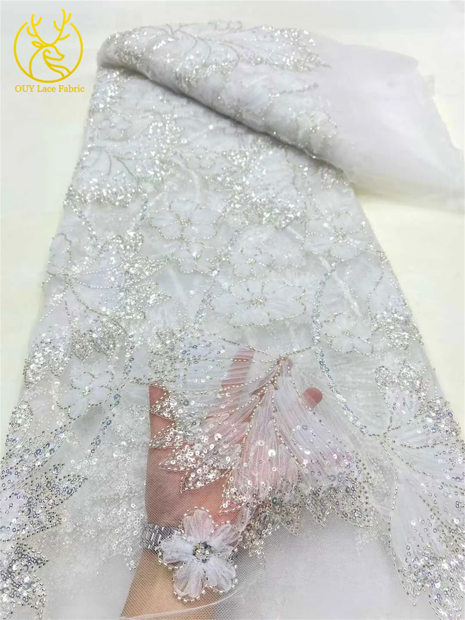 Wholesale Luxury French Tulle Sequin Lace Fabric 2025 High Quality African Beaded Embroidery Lace Fabric for Party Dress Sewing