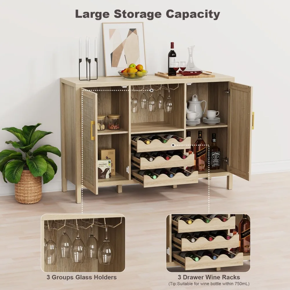 bar cabinet, Bar Cabinet, Boho Rattan Home Wine Bar Cabinet with Glass Holder and Drawer Style Wine Racks, Oak Sideboard Storage