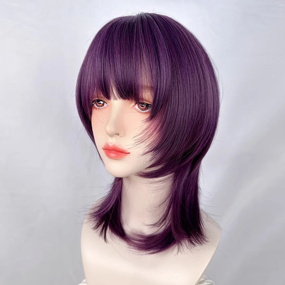 Mullet Head Short Straight Synthetic Purple Women Wig with Bangs Lolita Cosplay Fluffy Heat Resistant Wig for Daily Party