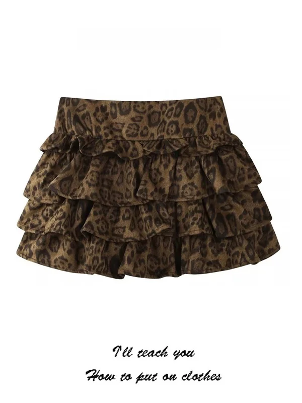 Summer Half-length A-line Skirt Women's Casual Versatile  Skirt Retro Design Fluffy Skirt Leopard Pattern Trendy Girl Style