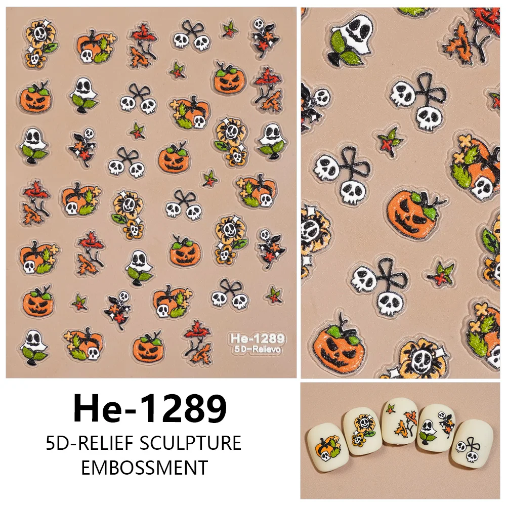 1/5/10 قطعة اليقطين شبح الجمجمة زهرة 5D تنقش هالوين مسمار الفن ملصقات النساء DIY بها بنفسك مانيكير ذاتية اللصق الديكور الشارات