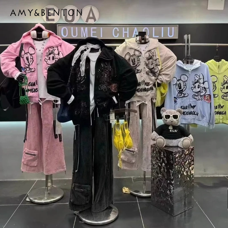 

2025 Winter New Heavy Wash Cartoon Embroidery Fleece-Lined Hooded Sweatshirt Popular Loose Casual Jacket Sudaderas Streetwear