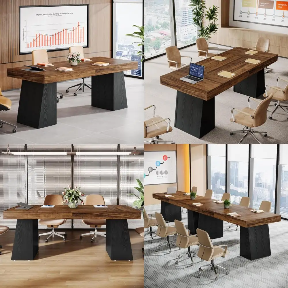 Mały drewniany stół konferencyjny w stylu wiejskim, 55,1 W, dla 4 osób, podwójne nogi trapezowe, idealny do sali konferencyjnej i na symposia.