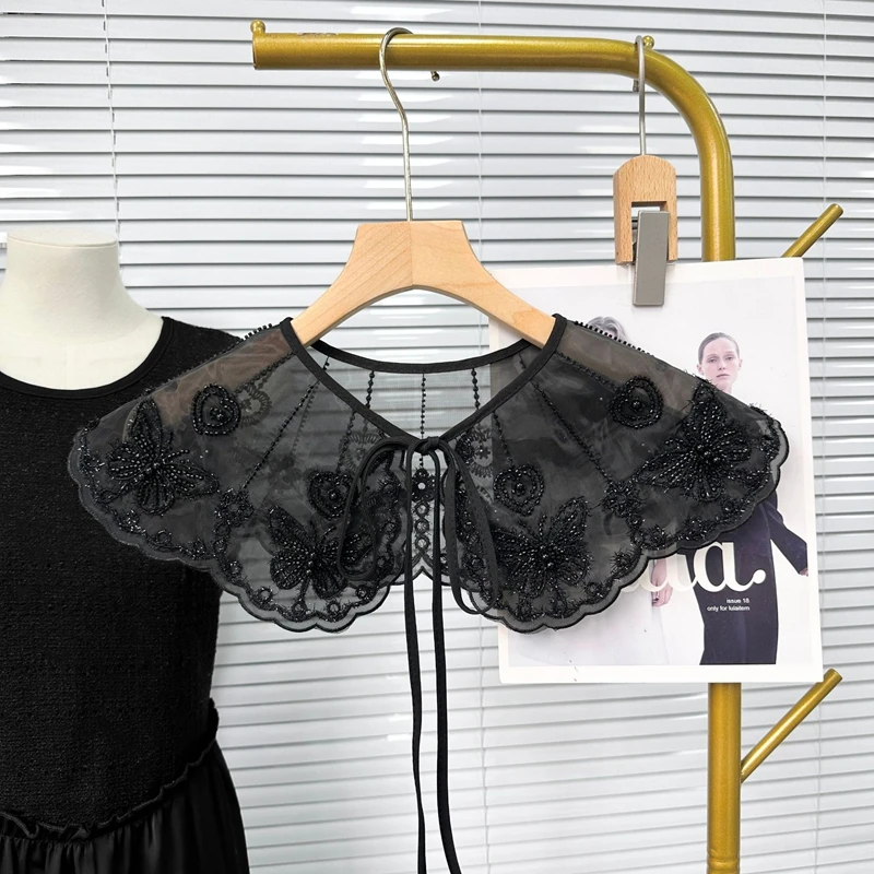 Embroidery Butterfly Detachable Collar Sweet Sheer Tulle Shawl Collar Pearl False Collar Shirt Dress Decor Clothing Accessories
