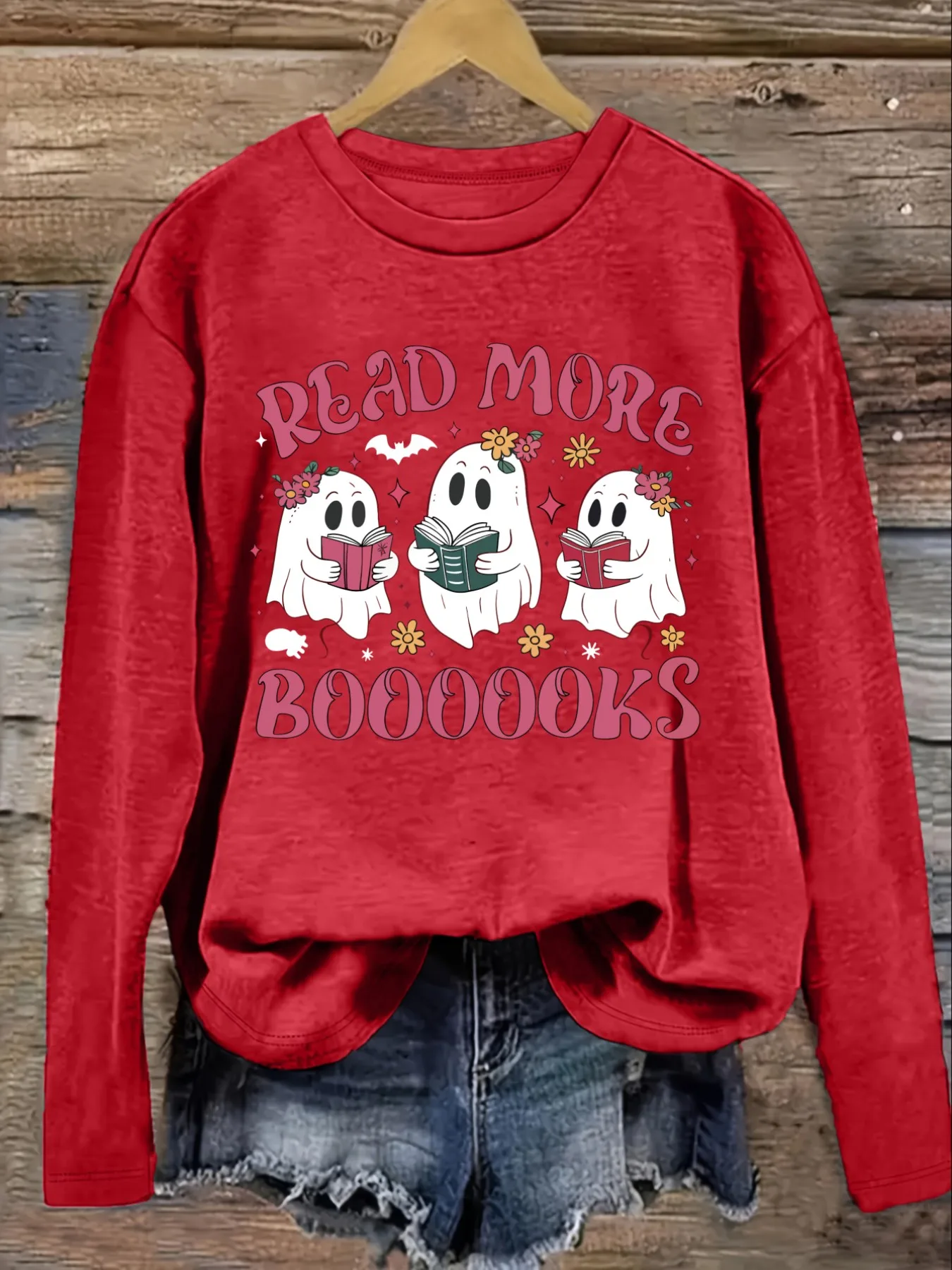 Women's Casual Long Sleeve Crew Neck T-Shirt Read More Boooooks Ghosts Reading Books Design, Round Neck Women's Clothing, Machine Washable, Slightly Elastic, Loose Fit, Spring Autumn Winter Women's T-Shirt, Halloween Costume Outfit view 4