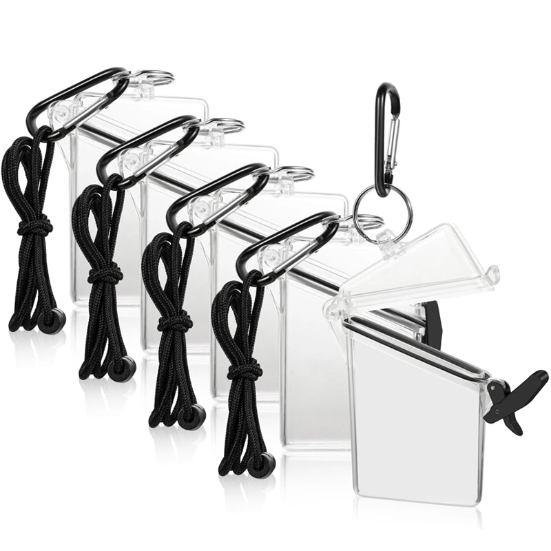 5 Pack Waterproof ID Badge Holder Case Clear Vertical ID Card Holder With Lanyard Carabiner And Keychain Locker Dry Box-AT93