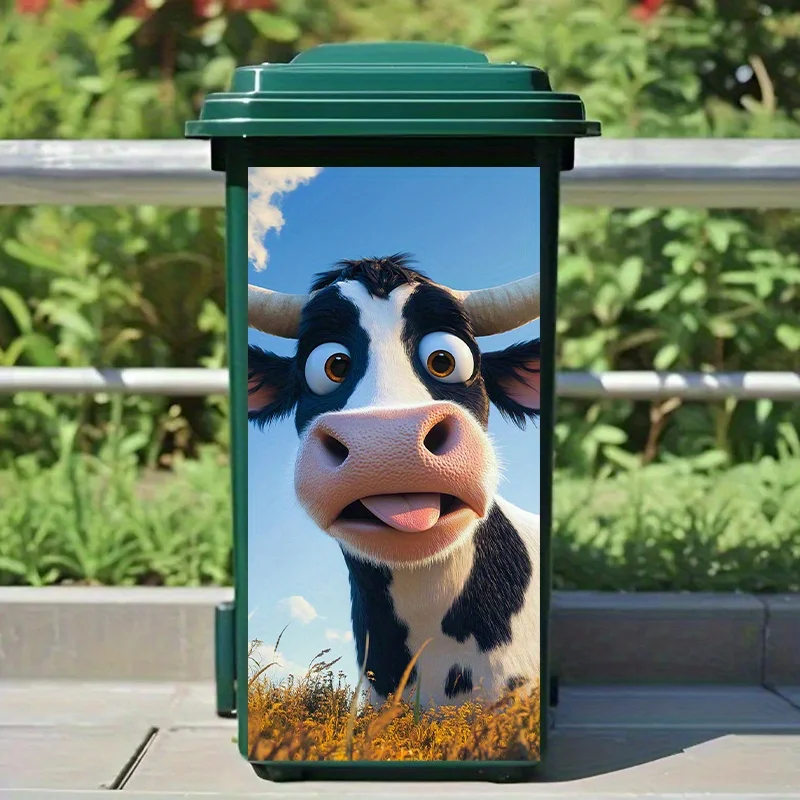 1 Fun Cartoon Cow Trash Can Sticker, Size 14.57 × 32.28 Inches, PVC Self-adhesive Sticker, Creative Home Sticker