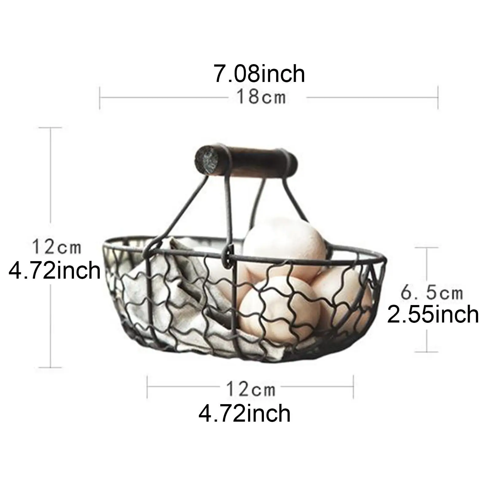 Wooden Handle Metal Retro Basket Portable Vegetable Fruit Egg Storage Basket