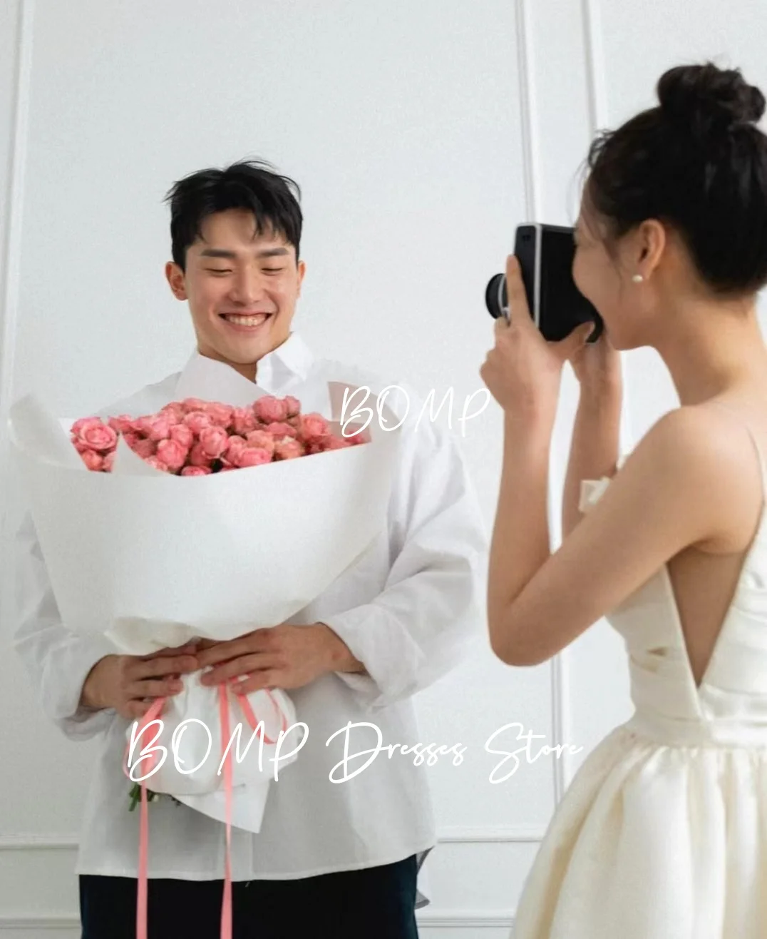 ZHIO Einfaches Falten-Hochzeitskleid mit Spaghettiträger, ausgeschnitten, elfenbeinfarben, A-Linie, Taft, Korea, Fotoshooting, Brautkleid, individuell gestaltet