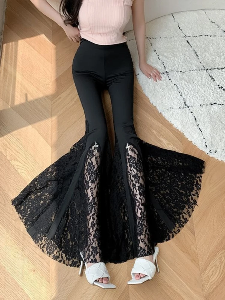 กางเกงแฟชั่นสไตล์ญี่ปุ่นย้อนยุค แต่งผ้าลูกไม้ ทรงบาน เอวสูง ทรงเข้ารูป สไตล์ลำลอง สำหรับผู้หญิง ฤดูใบไม้ผลิ ฤดูใบไม้ร่วง ปี 2025 สวยเก๋ ทันสมัย