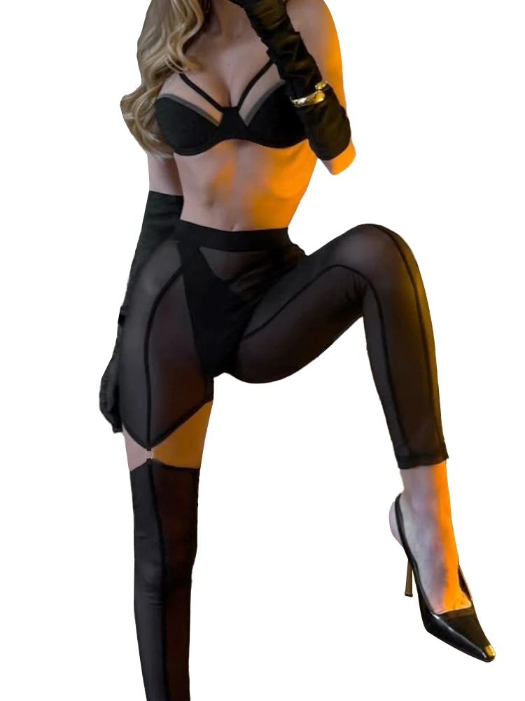 Sexy Hollow Out Patchwork Perspective Mesh Lingerie Three Piece Set Women High Waist Hip Lift Shapewear Split Intimate Underwear