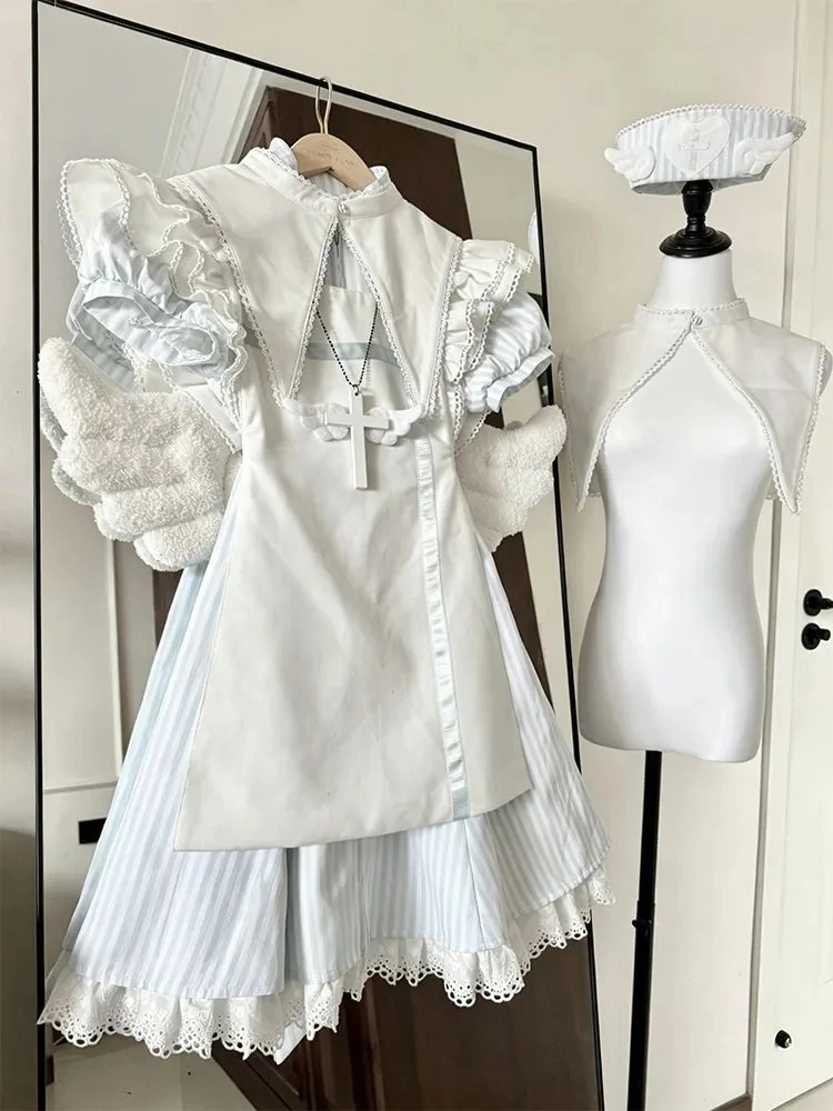 Lolita Stripe Lace Trim Dress Apron Two-Piece Set Summer Fashion Women's Clothing Angelic Heart Student Uniform Work Outfit