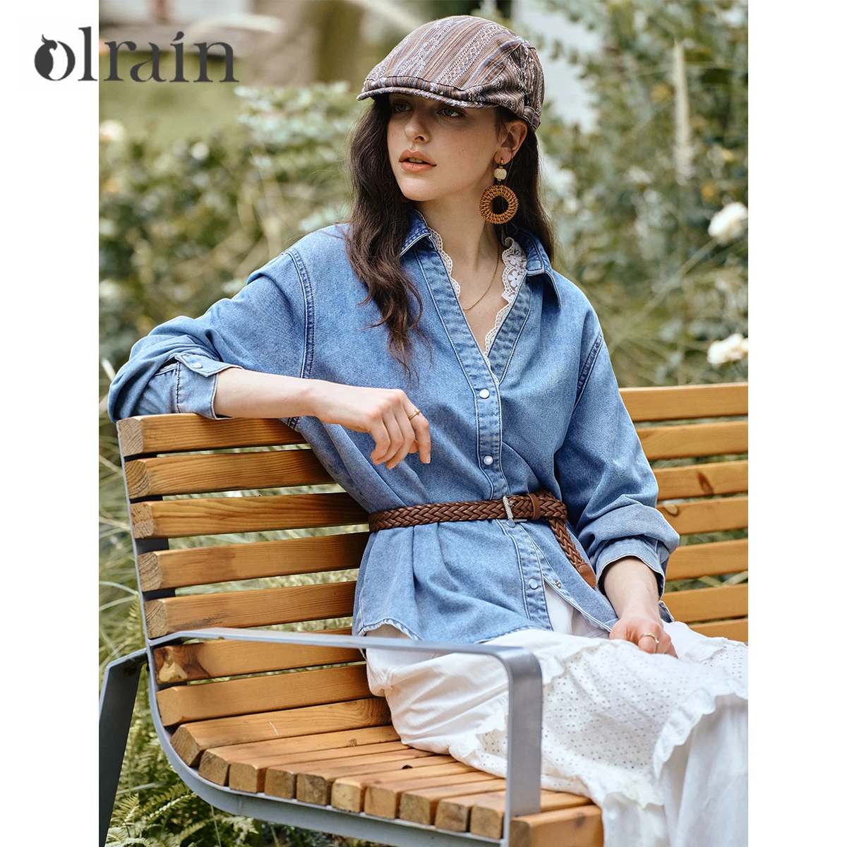 

OLrain Women's Blue Denim Shirt Ladies 2025 Autumn Lapel Lace Trim Button Up Long Sleeve Tops for Woman Clothes M57QC000019