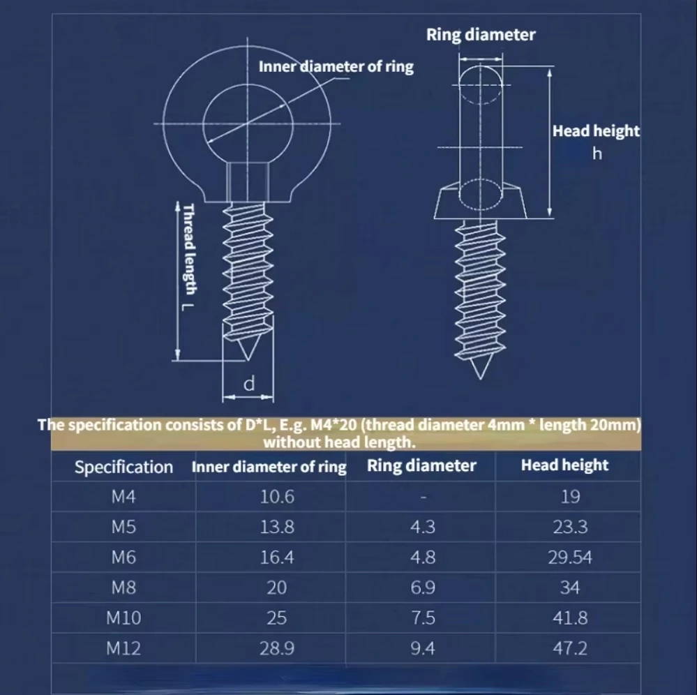 M4-M12 304 Stainless Steel Hanger Ring Self-tapping Screws with Round Ring Hooks Self-drilling Sheep's Eye Ring Type Wood Bolt