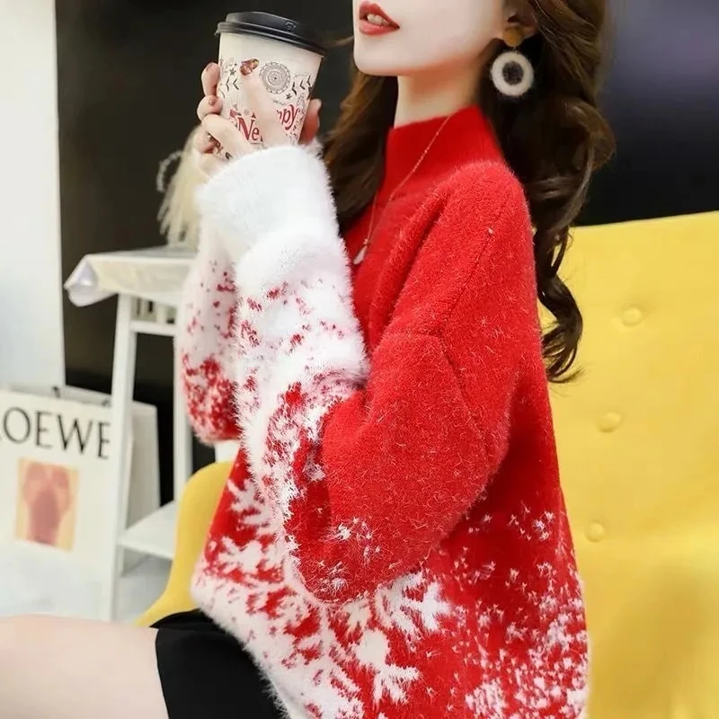 Christmas Loose Sweaters Women Thick Snowflake Knitted Pullovers Winter Vintage Soft Warm Casual Female New Jumpers