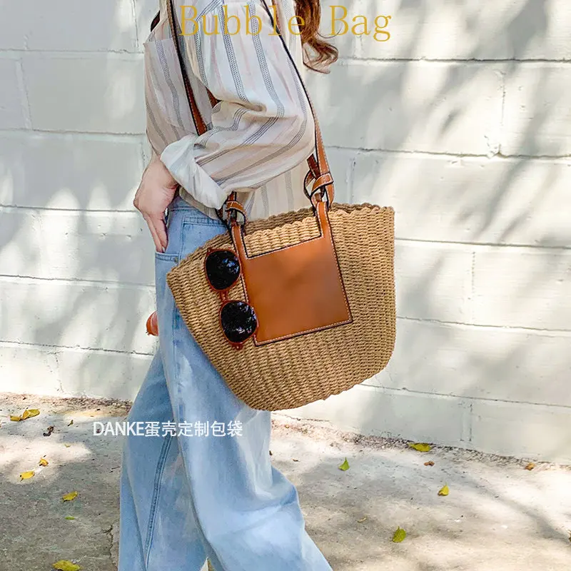 

Fashion Straw Basket Bags Designer Rope Woven Women Shoulder Bags Summer Beach Crossbody Bag Pu Leather Patchwork Large Tote Sac