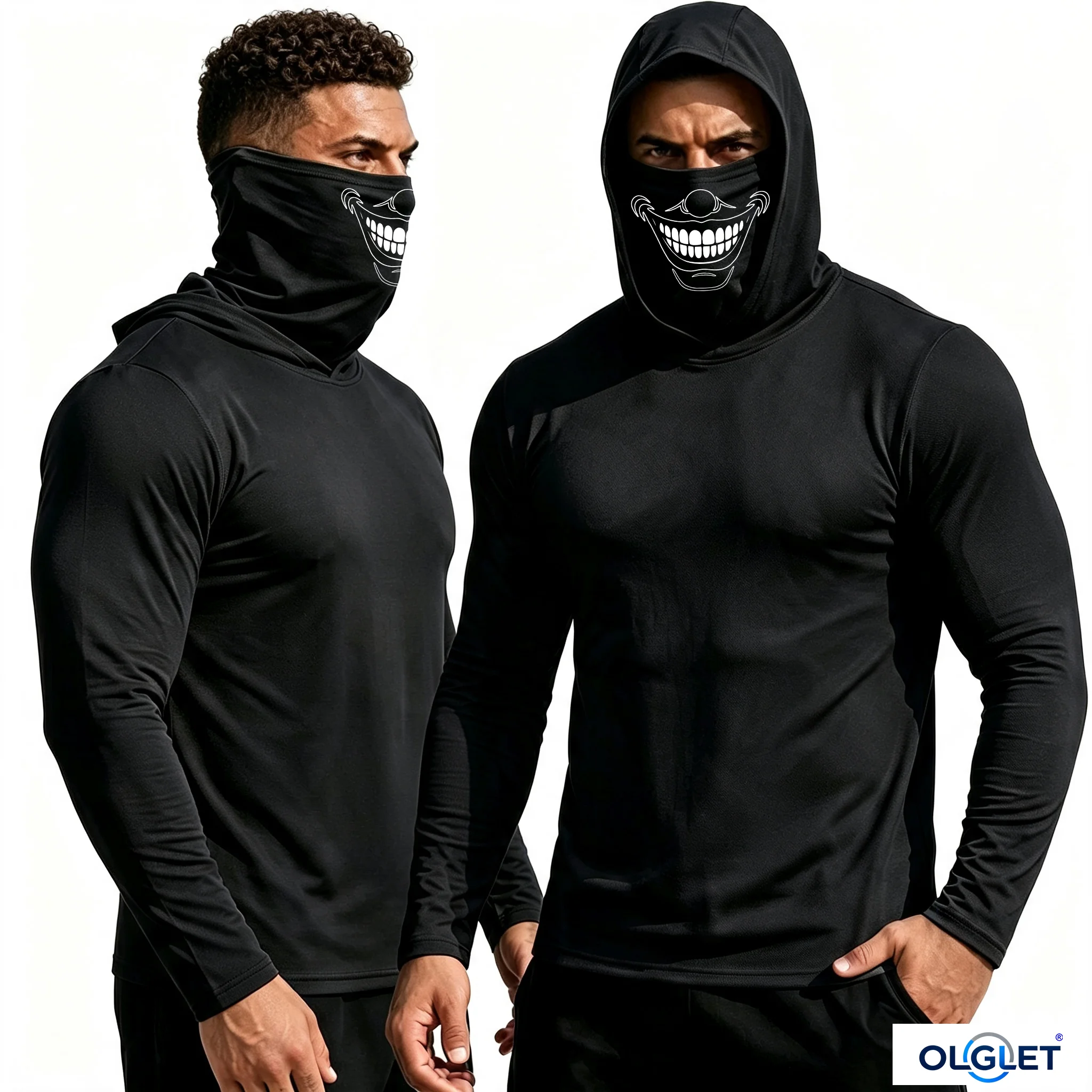 Fotografia 5: Camisa de Manga Longa com Capuz Integrado para Homens, Estampa de Rosto Sorridente Assustador, Hoodie de Secagem Rápida e Alta Elasticidade, Cosplay de Halloween